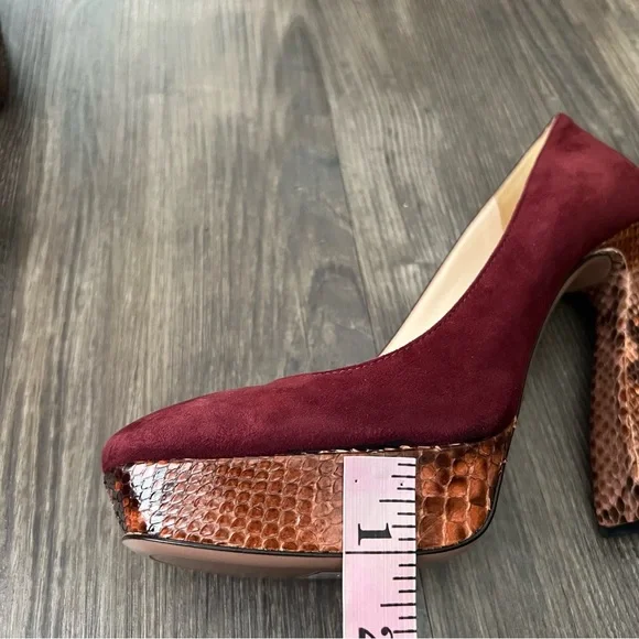 Prada NEW Authentic Burgundy Suede Platform Block Heels with Snakeskin Detail - Picture 14 of 14